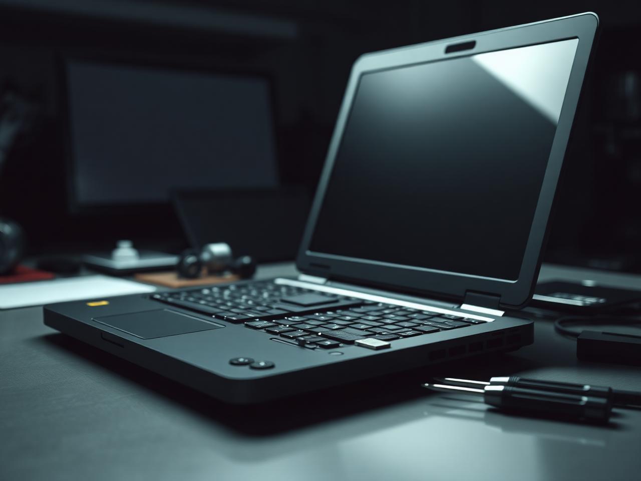 Notebook aberto em bancada técnica com placa-mãe à mostra